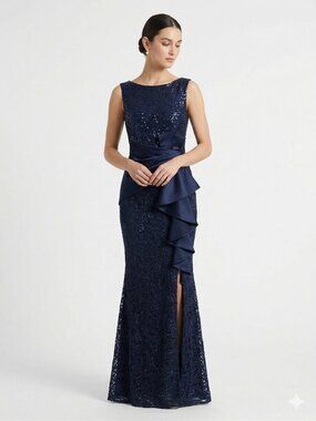 Eliza J Dress Navy Blue Lace Sequins Sheath Formal Wedding Cocktail 6
